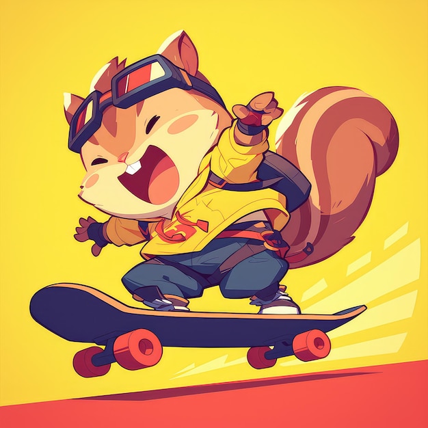 A squirrel riding a skateboard cartoon style