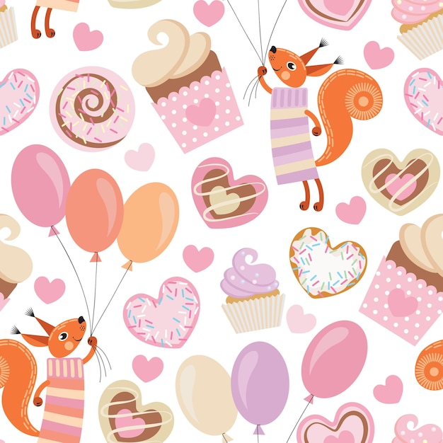 Squirrel and sweet hearts seamless pattern