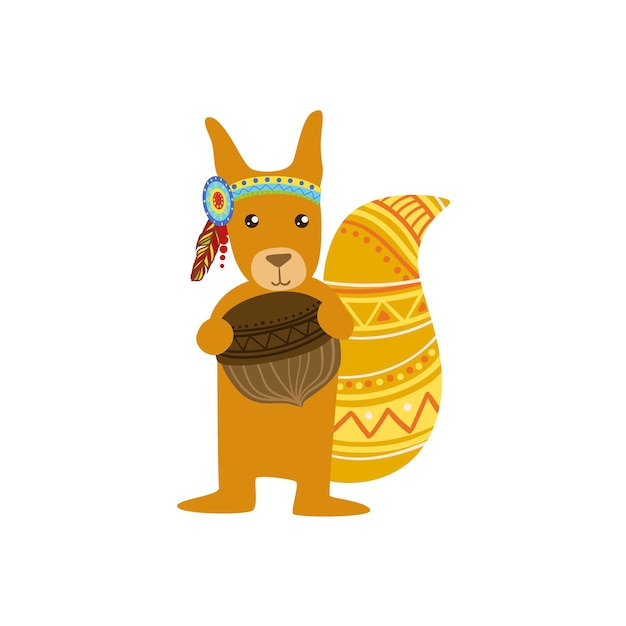 Squirrel Wearing Tribal Clothing  Colorful Flat Isolated Icon In Cool Detailed Artistic Design Isolated On White Background