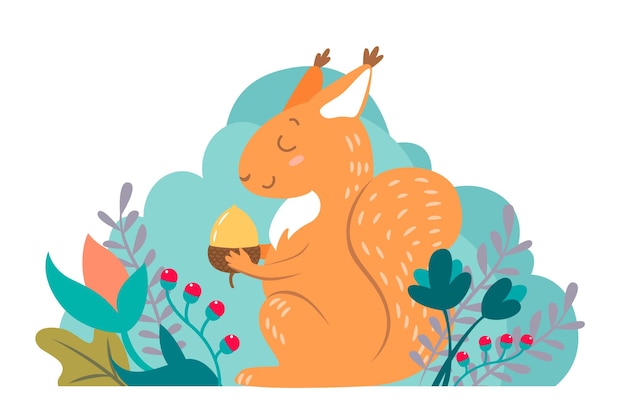 Squirrel with the acorn in his paws among the flowers Flat style Vector