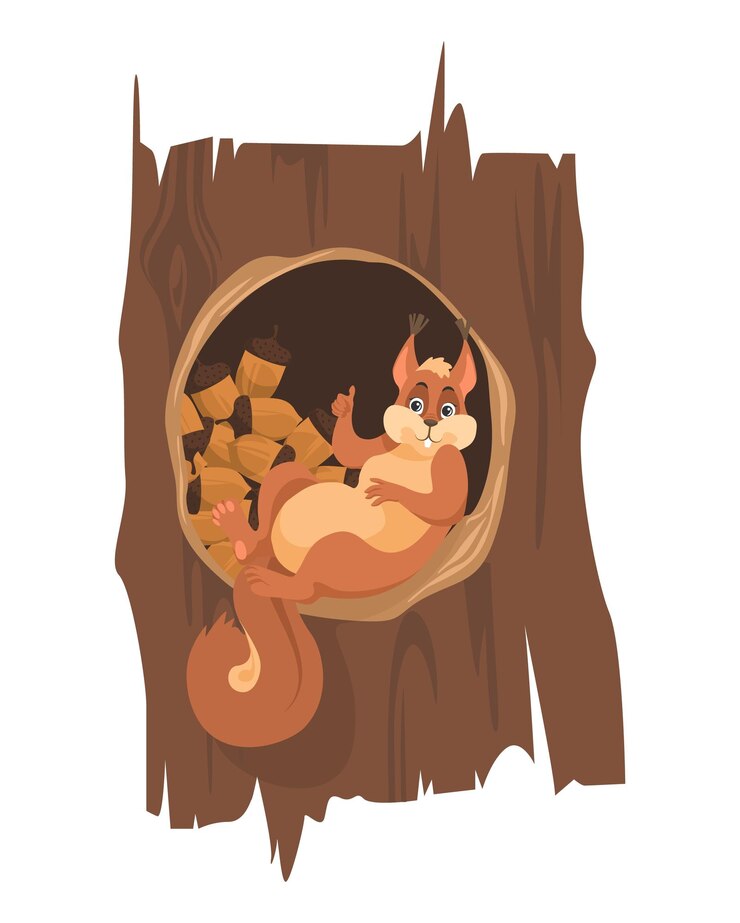 Vector squirrel with nut harvest in tree hollow vector