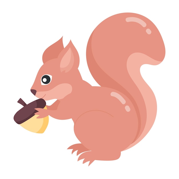 A squirrel with a nut in its mouth and a pink tail holds a nut in its paws.