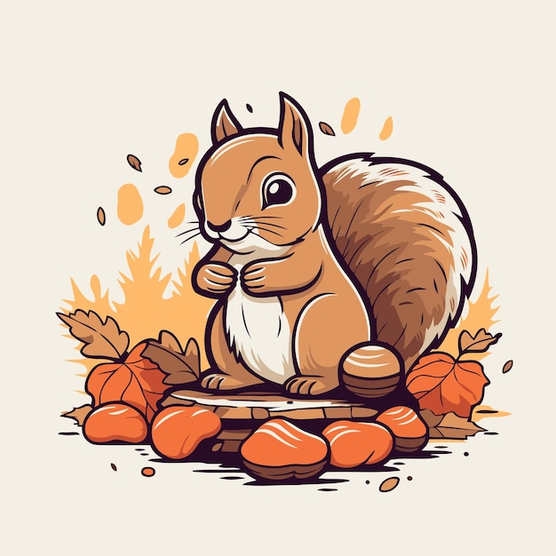 Squirrel with nuts and autumn leaves Vector illustration for your design