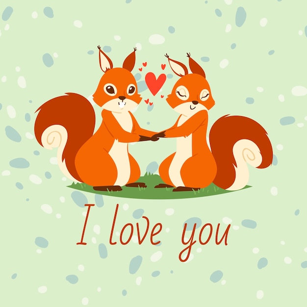 Gli scoiattoli si accoppiano nell'insegna di amore, cartolina d'auguri. tenersi per mano degli animali del fumetto. cuori volanti. ti amo. soddisfazione dei personaggi di san valentino