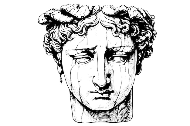 ギリシャ彫刻の手描き彫刻スタイルのひびの入った像の頭スケッチ ベクトル イラスト画像