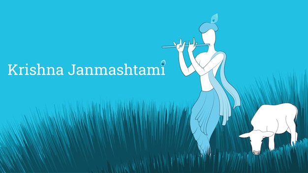 Sri krishna che suona il flauto sull'erba illustrazione vettoriale felice di janmashtami