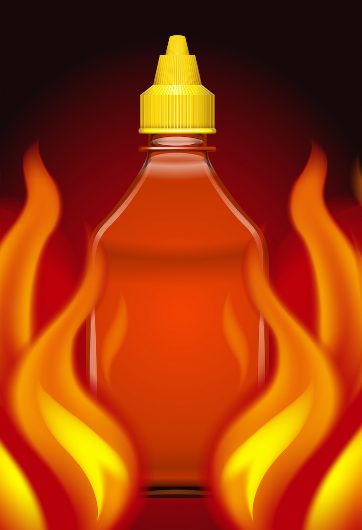 वेक्टर sriracha hot chilli sauce on fire