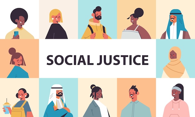 Srt mix race mensen avatars raciale gelijkheid sociale rechtvaardigheid stop discriminatie concept mannelijke vrouwelijke stripfiguren portretten collectie horizontaal