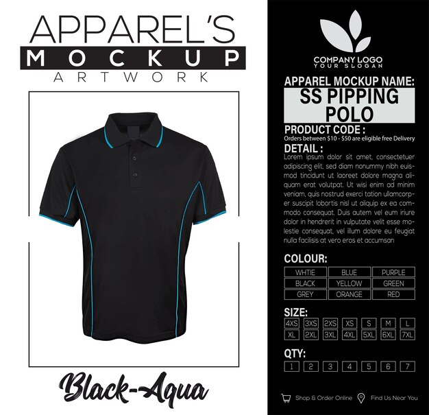 SS Piping Polo Black Aqua Apparel Mockup Художественный дизайн