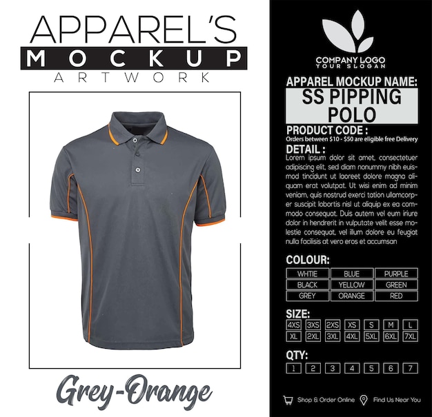 Vector ss piping polo grey orange apparel mockup artwork design