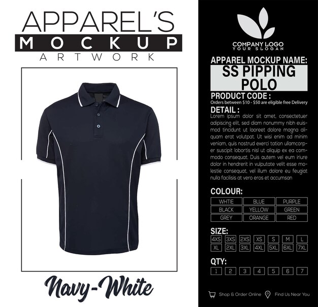 Vector ss piping polo navywit apparel mockup kunstwerk ontwerp