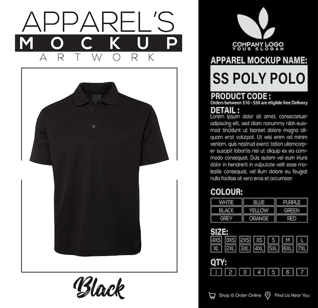 Vector ss poly polo black apparel mockup artwork design