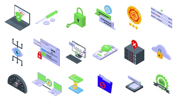 SSL certificate icons set. Isometric set of SSL certificate vector icons for web design isolated on white background