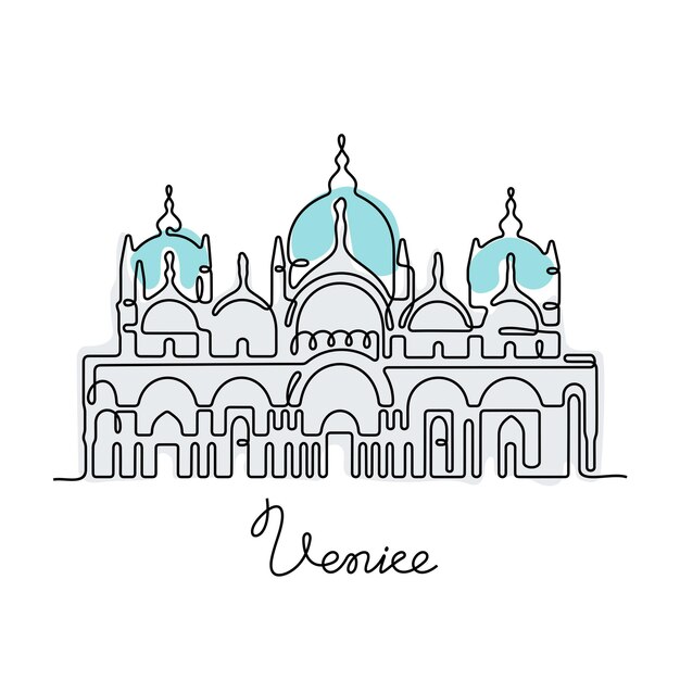 Vettore basilica di san marco a venezia linea continua illustrazione vettoriale colorata