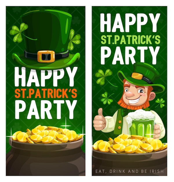 St. patrick day cartoon banners met kabouter in groene hoge hoed