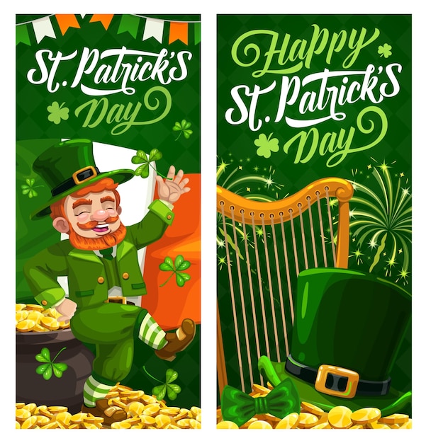 Vector st. patrick day cartoon banners with leprechaun in green top hat dance on golden coins