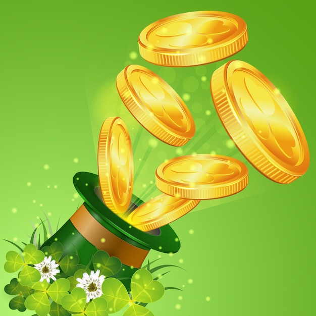 St. patrick day concept with magician hat, gold coins, clover leaf, and flowers, vector illustration