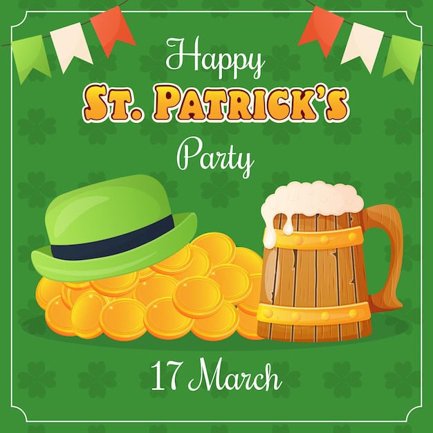 St Patrick day party card with gold coin green hat and cup of beer