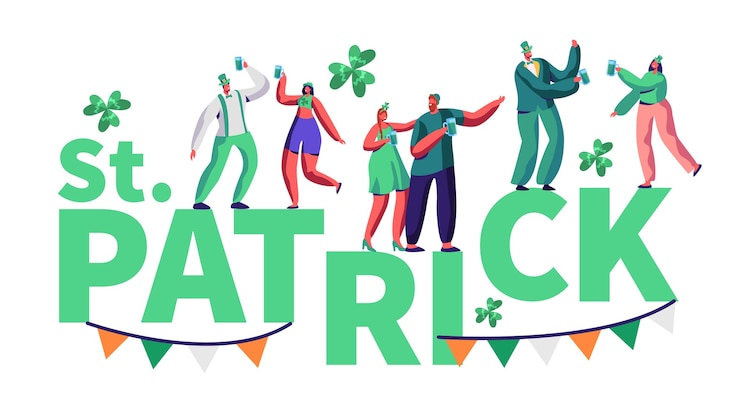 Vector st patrick day people character festival typography poster. happy man and woman in green costume drink beer have fun at traditional irish festival. carnival poster flat cartoon vector illustration