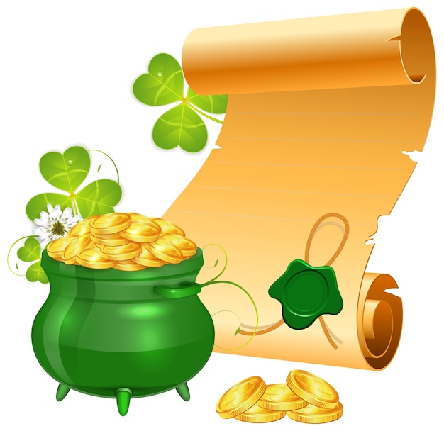 Vector st patrick day poster with manuscript pot gold coins and sealing wax vector isolated on white background