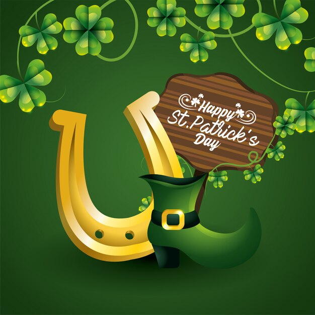 St patrick event with gold horseshoe and boot