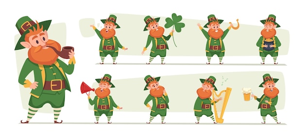 Гном святого патрика счастливый лепрекон в действии представляет собой забавного персонажа в зеленых брюках и куртках, точные векторные шаблоны мультфильмов