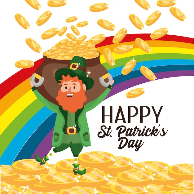 St patrick man in the gold coins and rainbow