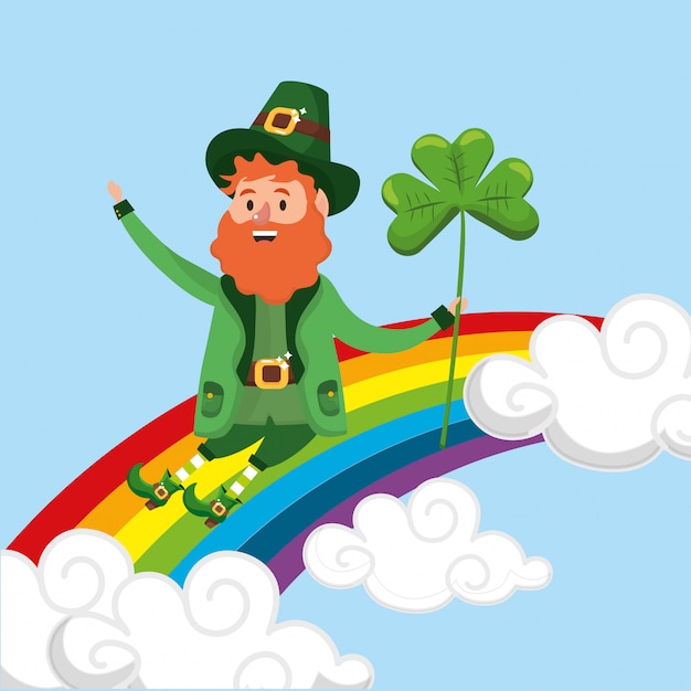 St patrick man seating rainbow with clover and clouds