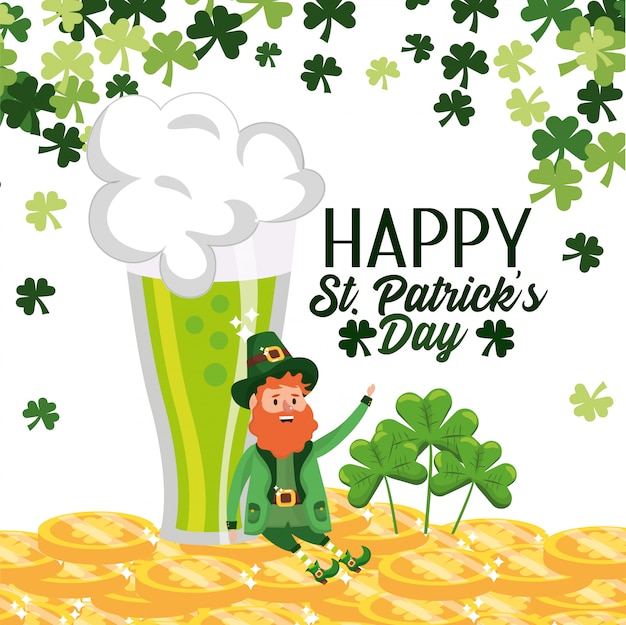 St patrick man wearing hat with gold coins and clovers
