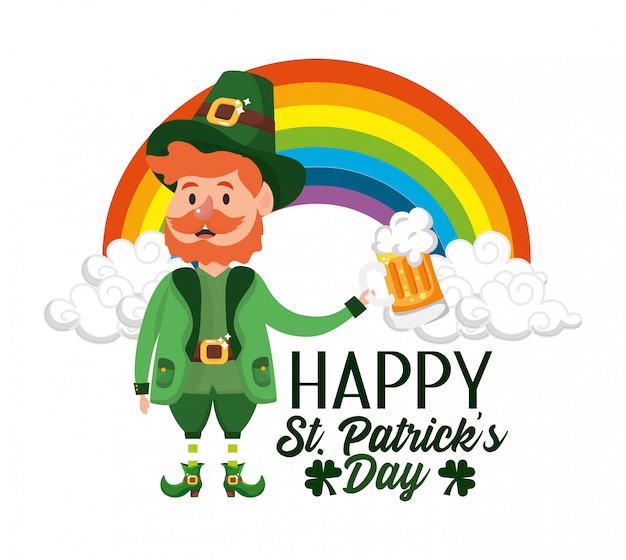 St patrick uomo con bicchiere di birra e arcobaleno