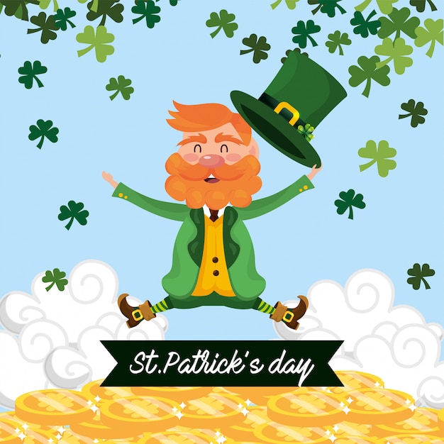 St patrick man with clovers plants and gold coins