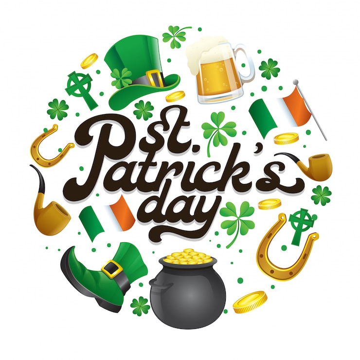 Vector st. patrick's dag belettering ontwerp rond met de objecten