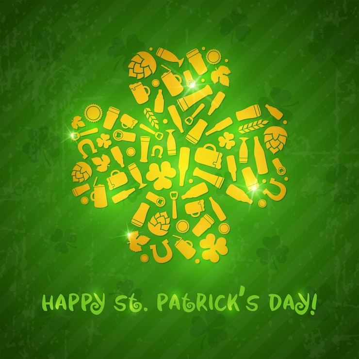 Вектор день святого патрика фон. shamrock форма состоит из пивных бутылок, кружек, стаканов, ингредиентов и символов дня патрика.