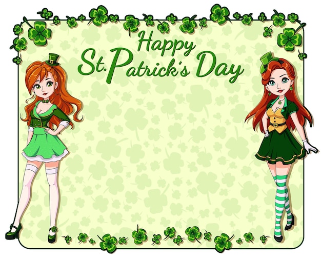 St patrick s day background with clover leaves and two pretty girls wearing leprechaun costume hand drawn vector illustration