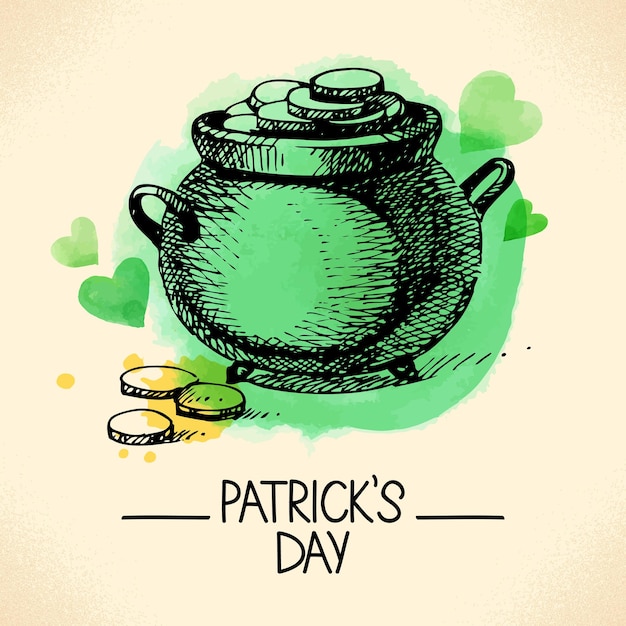 Vector st. patrick’s day background with hand drawn sketch and watercolor illustrations