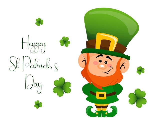 St. Patrick's Day, cute leprechaun with shamrock leaves and greeting text. Illustration, postcard