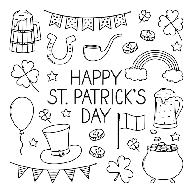 St Patrick's day doodle set Cooking elements Beer mugs clover pot of gold hat in sketch style