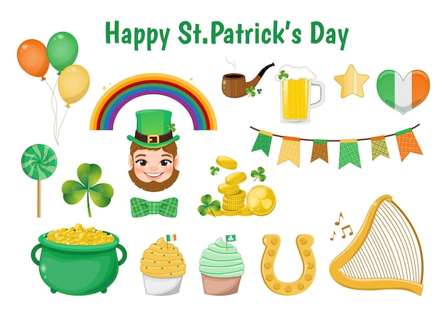 St Patrick s Day elements set cartoon character design vector