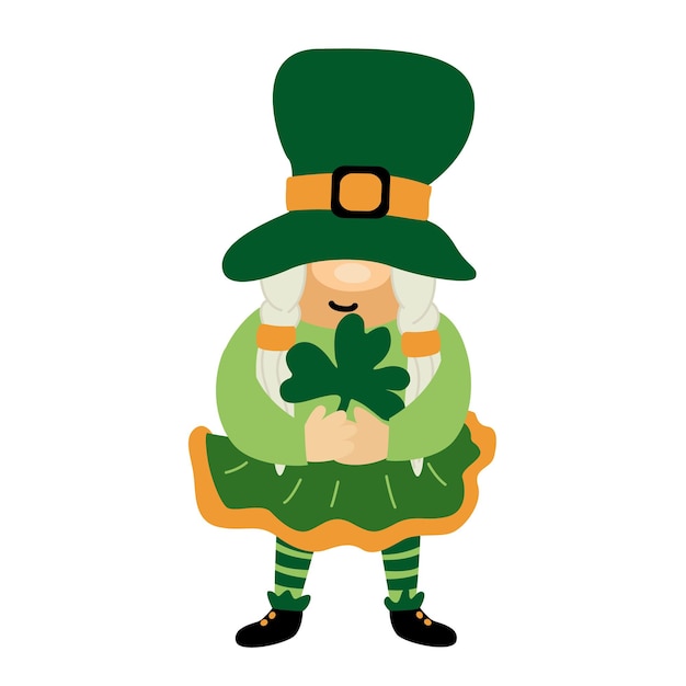 St patrick's day funny gnome with clover cartoon vector illustration isolated on white