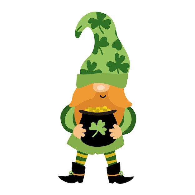 St patrick's day funny gnome with pot of gold coins cartoon vector illustration