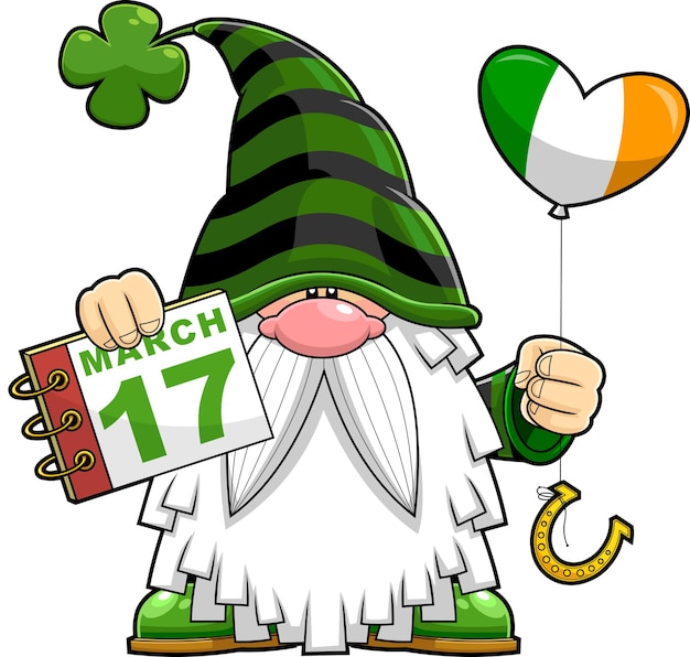 Personaggio dei cartoni animati di gnomo di giorno di san patrizio che tiene un calendario e palloncino cuore irlandese