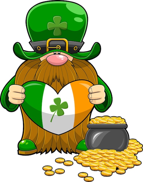 Vector st. patrick's day gnome cartoon character holding a irish heart to pot full of gold