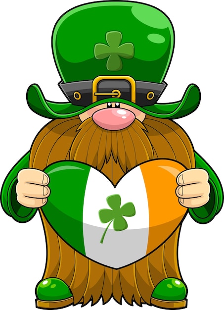 Vector st. patrick's day gnome cartoon character holding a irish heart. vector hand drawn illustration