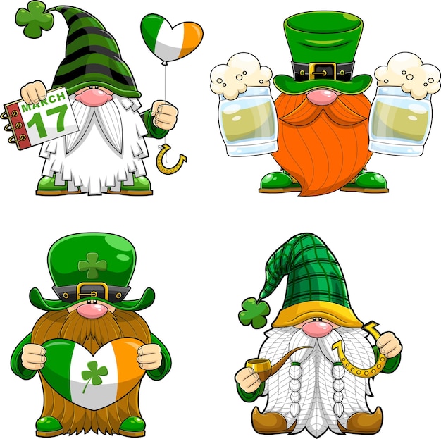 St. Patrick's Day Gnomes Cartoon Characters In Different Poses. Vector Hand Drawn Collection Set