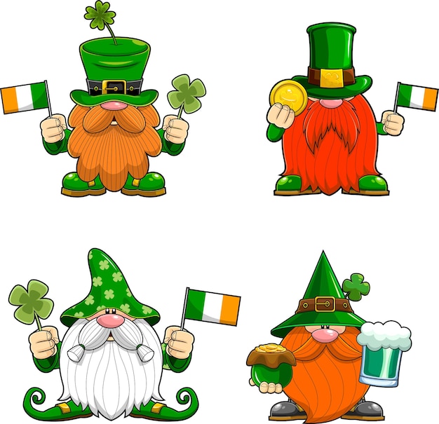 St. Patrick's Day Gnomes Cartoon Characters In Different Poses. Vector Hand Drawn Collection Set