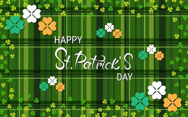 St.Patrick's Day green plaid vector background with colorful clover leaves