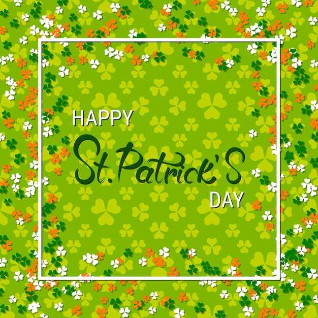 Vector st.patrick's day green vector background with colorful clover leaves and frame