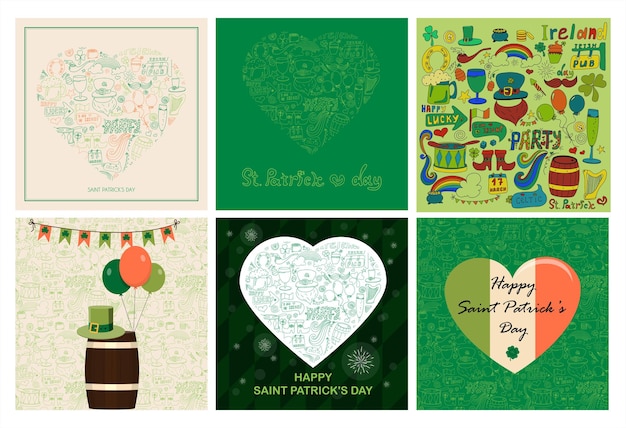 St patrick s day greeting cards with handdrawn pictures a doodle of beer a rainbow a leprechaun s be...