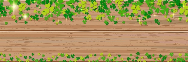 St.patrick's day horizontal wooden vector banner with colorful clover leaves