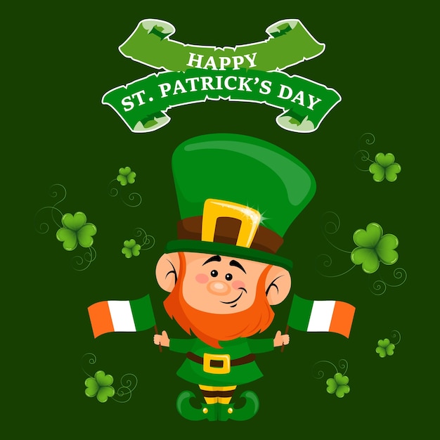 St. Patrick's Day illustration, Cute leprechaun with Ireland flags and clover leaves. Postcard